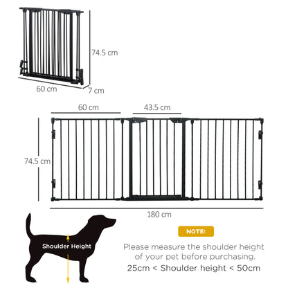 PawHut Pet Gate 3-Panel Playpen Metal Safety Fence Stair Gate For Dogs Barrier Room Divider with Walk Through Door Automatically Close Lock