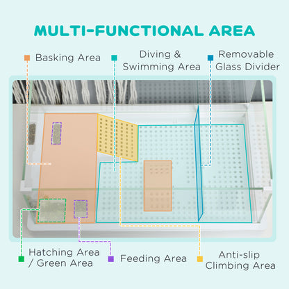 PawHut 50 Turtle Tank Aquarium, Glass Tank with Basking Platform, Filter Layer Design, Full View Visually Terrapin Reptile Habitat, White