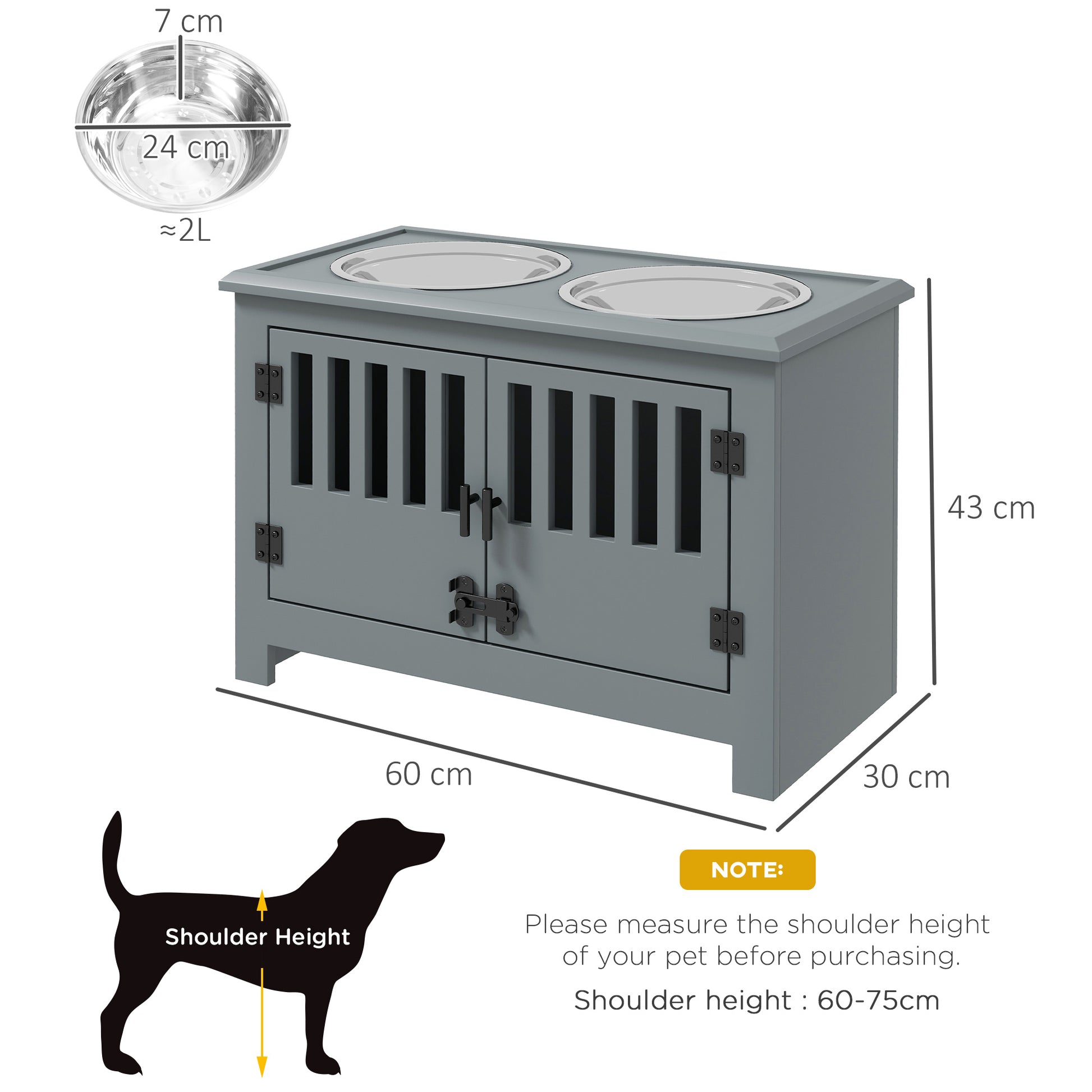 PawHut Raised Dog Bowls for Large Dogs, Pet Feeding Station, Doors with Latch, Storage Cabinet, Two Stainless Steel Bowls, Grey