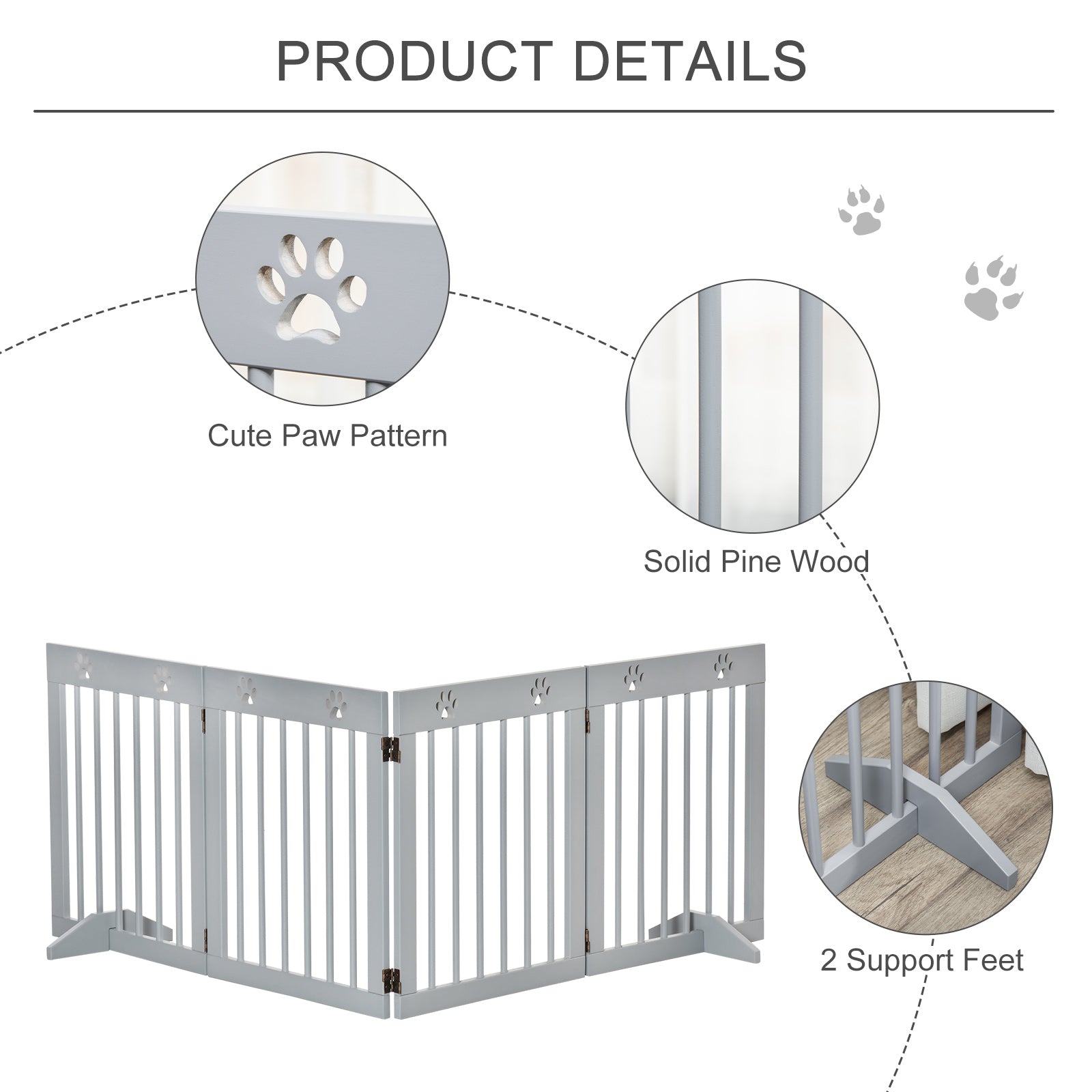 PawHut Pet Gate 4 Panel Wooden Dog Barrier Freestanding Folding Safety Fence with Support Feet up to 204cm Long 61cm Tall Light Grey