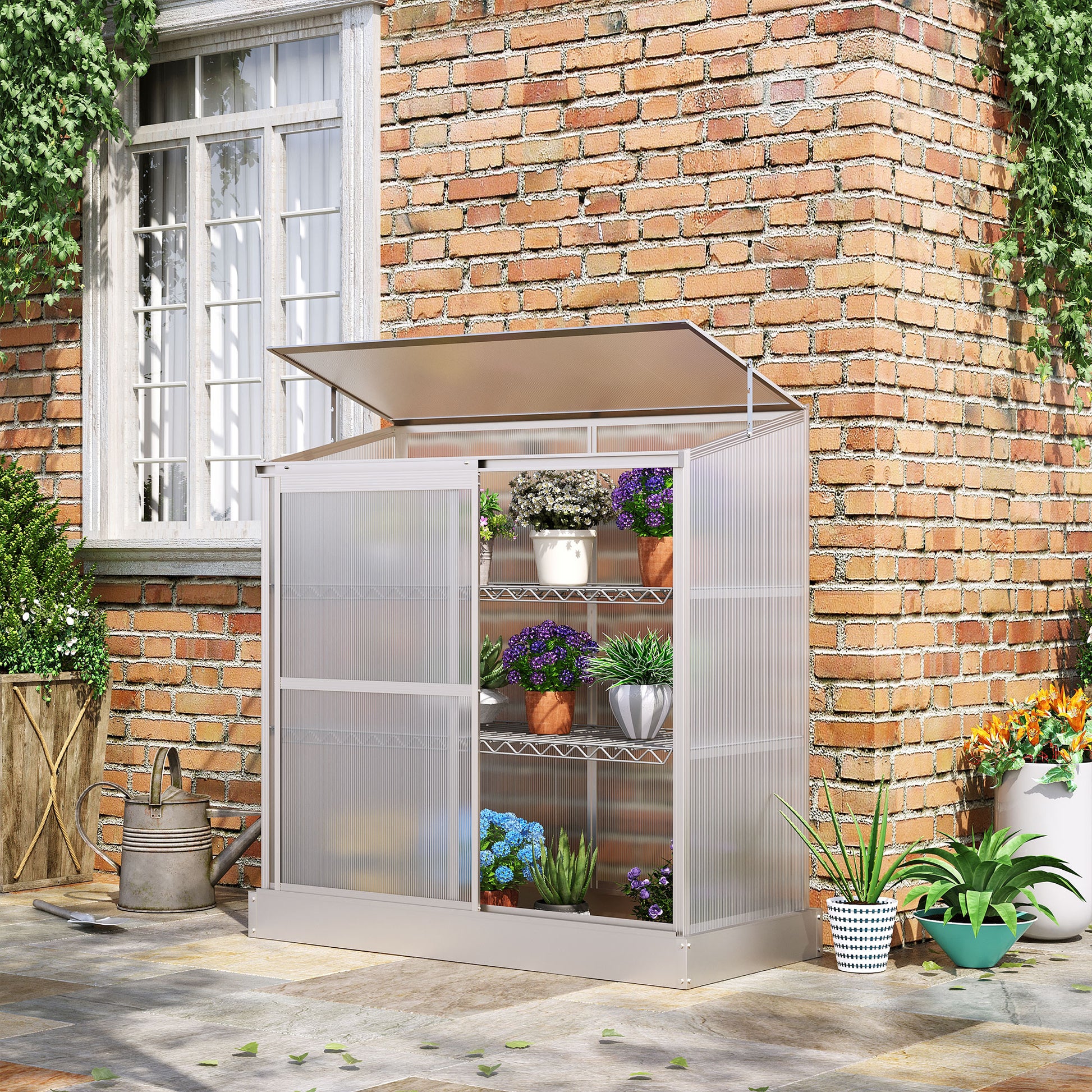 outsunny-3-tier-mini-greenhouse-garden-cold-frame-plant-growth-house-w-polycarbonate-panels-openable-roof-129-5-x-58-x-140-cm-silver