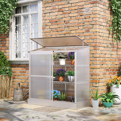 outsunny-3-tier-mini-greenhouse-garden-cold-frame-plant-growth-house-w-polycarbonate-panels-openable-roof-129-5-x-58-x-140-cm-silver