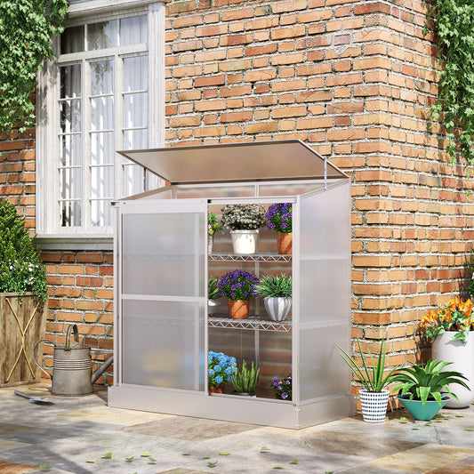 outsunny-3-tier-mini-greenhouse-garden-cold-frame-plant-growth-house-w-polycarbonate-panels-openable-roof-129-5-x-58-x-140-cm-silver