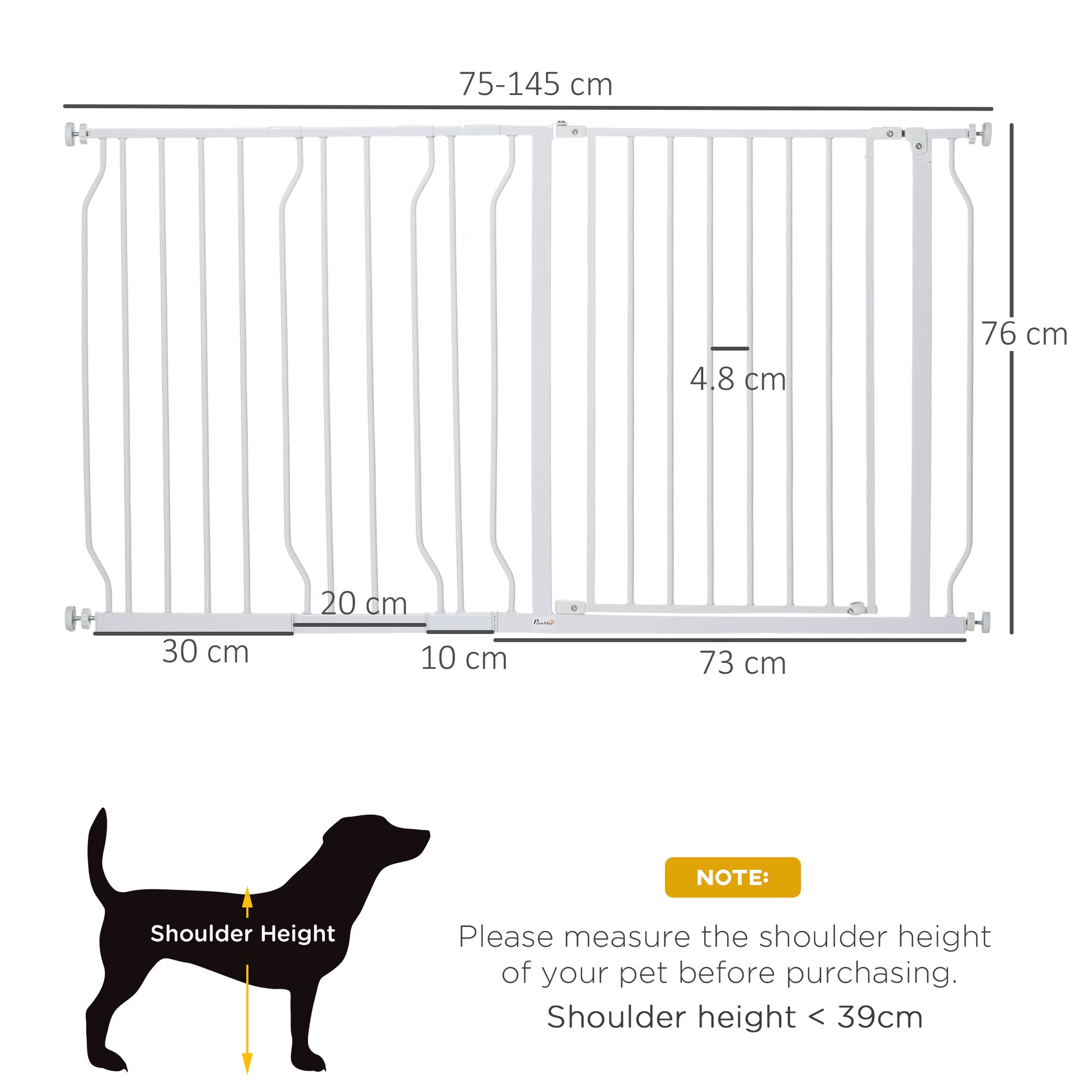 PawHut Dog Gate Extra Wide Stairway Gate for Pet with Door, 76H x 75-145Wcm, White