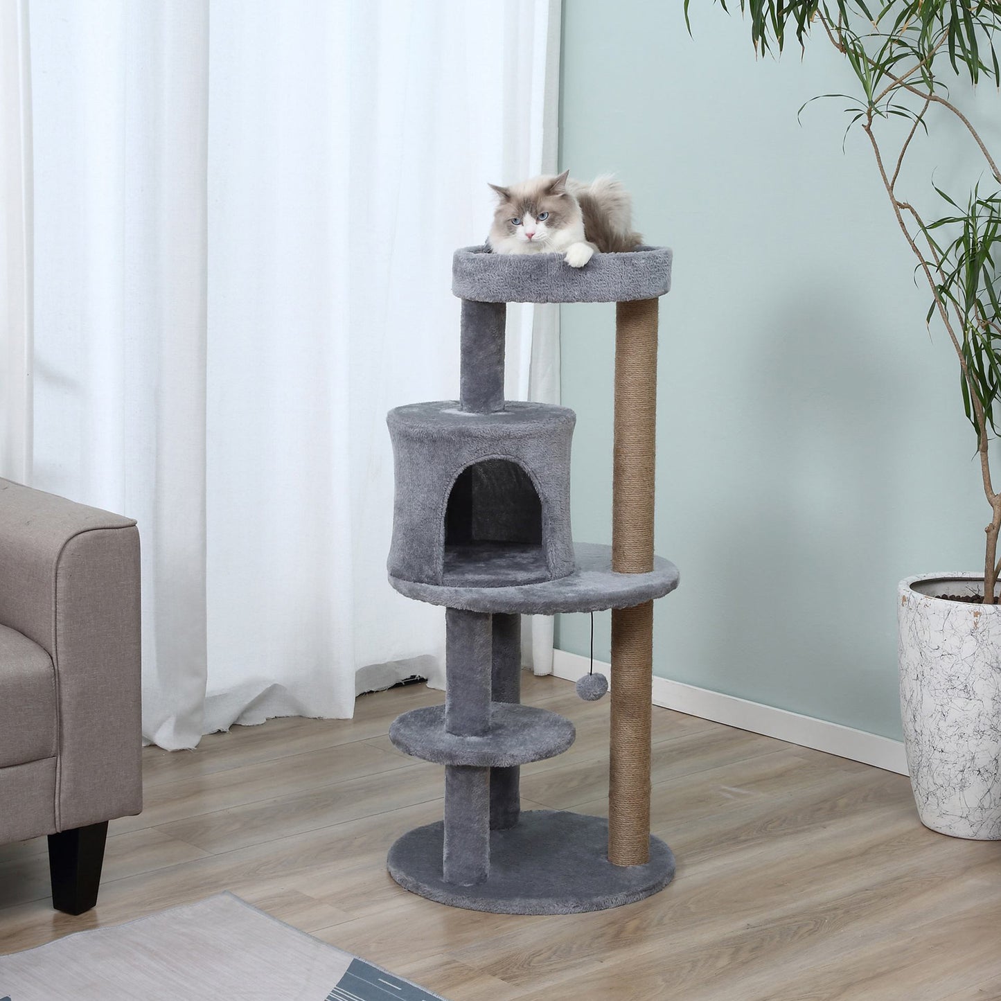 PawHut 3-Tier 104 cm Cat Tree, Cat Condo Tree Tower, Deluxe Cat Activity Tree w/ Scratching Posts Play Ball Plush Fun Toy Relax Climb, Grey