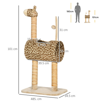 PawHut Cat Tree for Indoor Cats Cute Giraffe Kitten Play Tower with Scratching Posts Tunnel Ball Toy, 48.5 x 34.5 x 101 cm