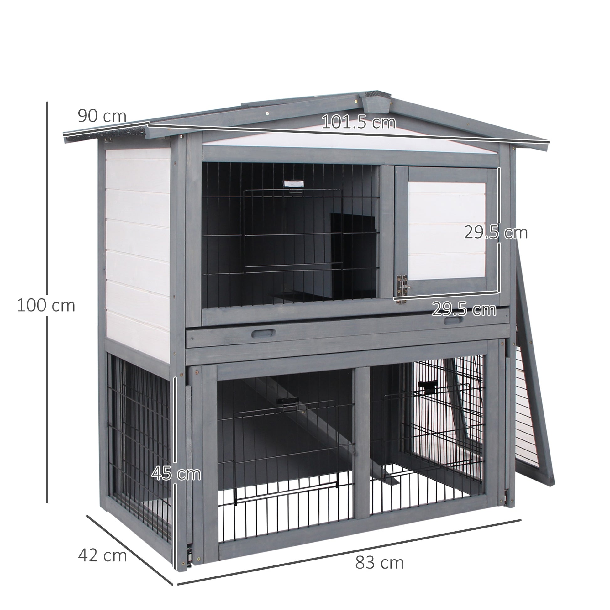 PawHut Rabbits 2-Tier Fur Wood Outdoor Hutch Grey