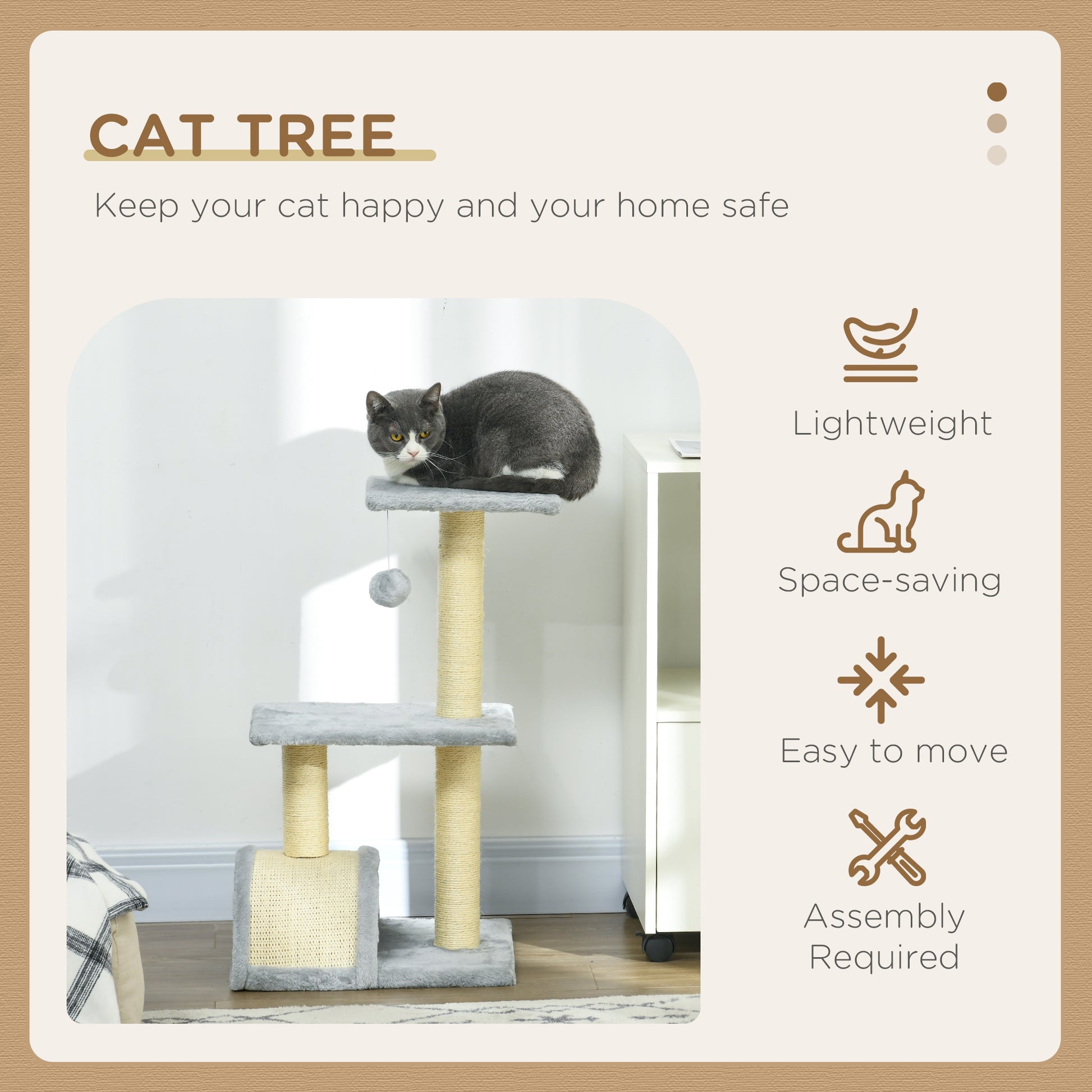 PawHut 72cm Cat Tree Tower for Indoor Cats, Multi-level Climbing Activity Centre with Sisal Scratching Post, Pad, Hanging Ball, Toy, Light Grey