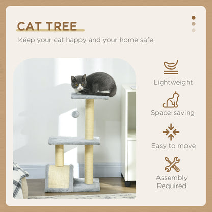 PawHut 72cm Cat Tree Tower for Indoor Cats, Multi-level Climbing Activity Centre with Sisal Scratching Post, Pad, Hanging Ball, Toy, Light Grey