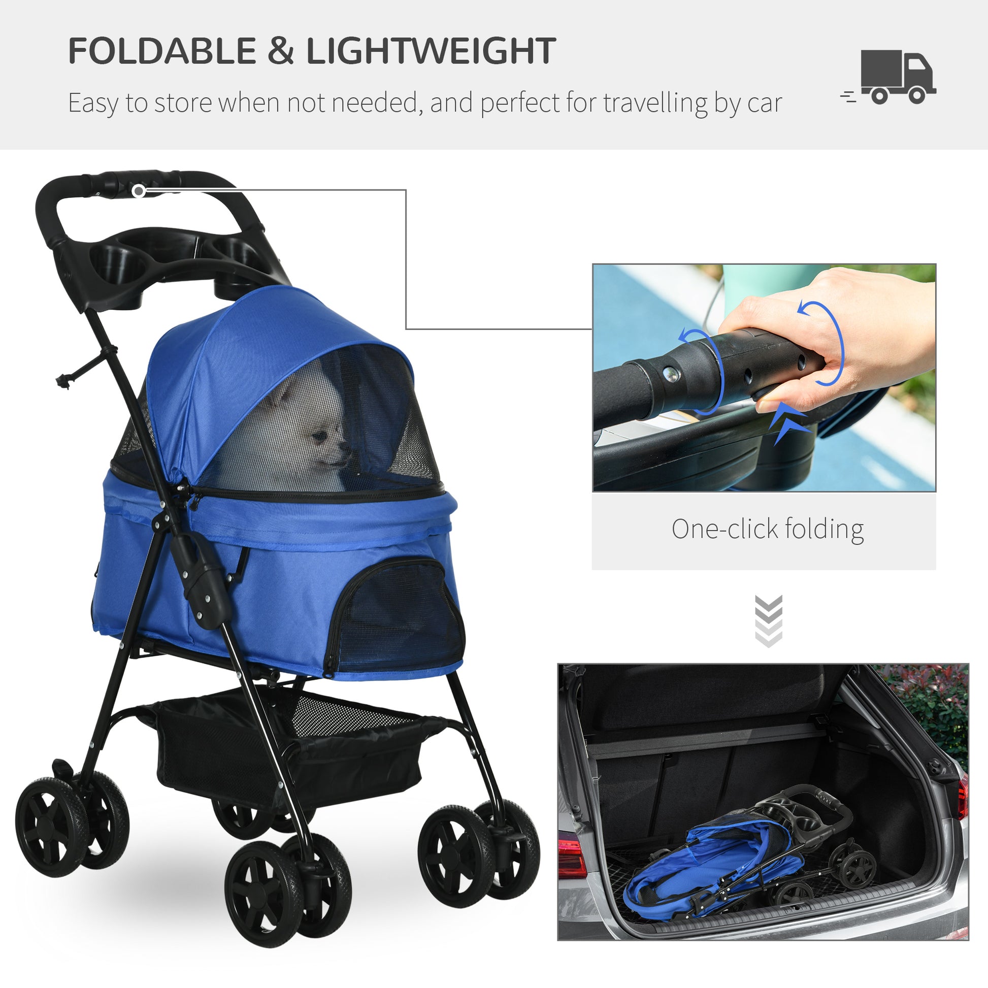 PawHut Pet Stroller Dog Cat Travel Pushchair One-Click Fold Trolley Jogger with EVA Wheels Brake Basket Adjustable Canopy Safety Leash Blue