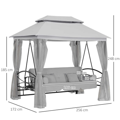 outsunny-2-in-1-convertible-swing-chair-bed-3-seater-hammock-gazebo-patio-bench-cushioned-seat-mesh-curtains-grey