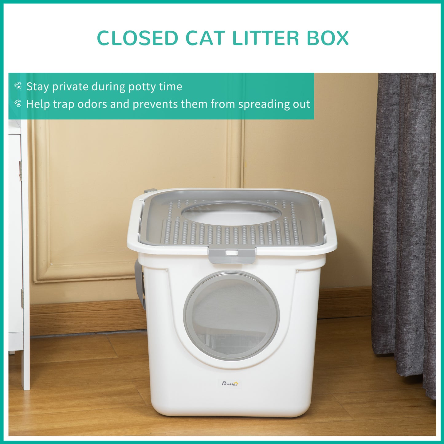 PawHut Cat Litter Box Pet Toilet Enclosed Kitten Pan w/ Front Entrance Top exit Scoop, White