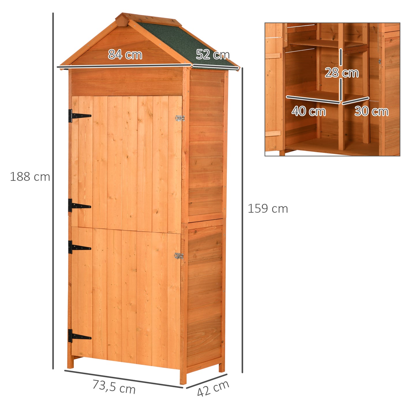 outsunny-84-x-52cm-garden-shed-4-tier-wooden-garden-outdoor-shed-3-shelves-utility-gardener-cabinet-lockable-double-doors-tool-kit-storage-teak