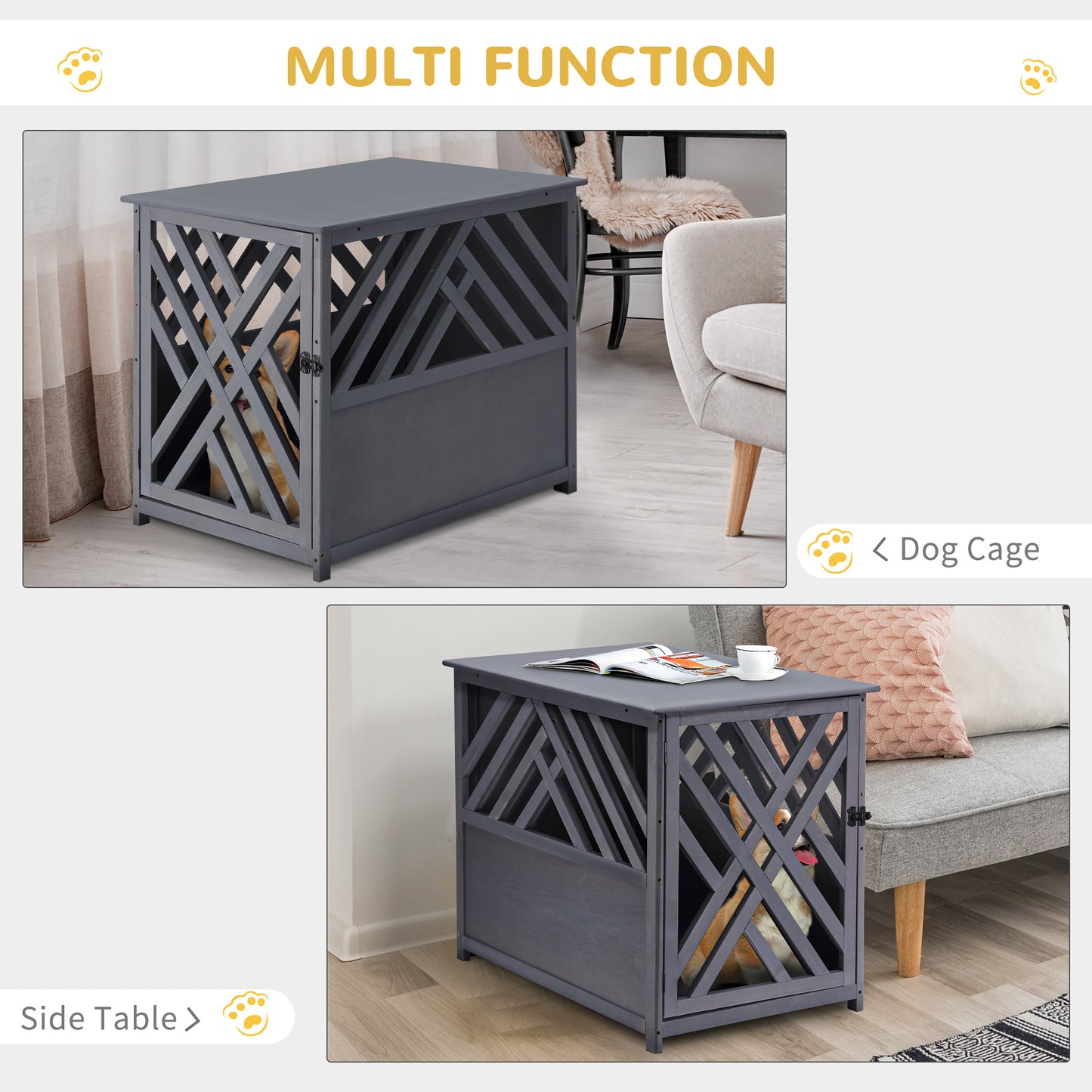 PawHut Furniture Style Wooden Dog Crate Kennel Top End Table Decorative Dog Cage Lattice Night Stand with Lockable Door, 60 x 91 x 74 cm, Grey