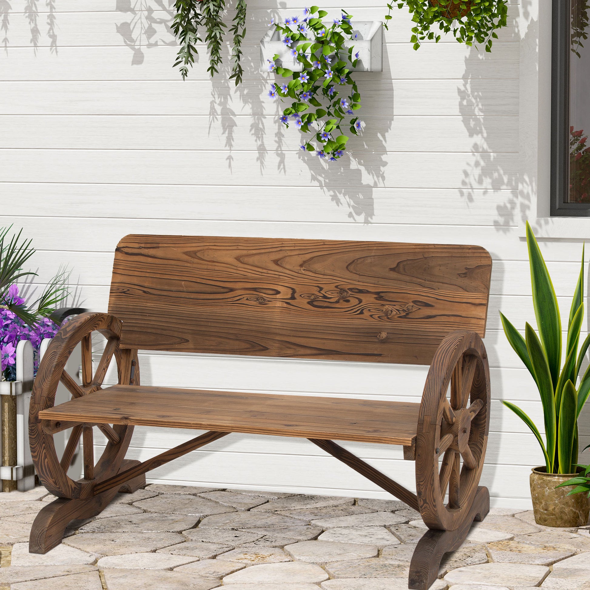 outsunny-wooden-cart-wagon-wheel-2-seater-garden-bench-outdoor-chair-rustic-high-back-loveseat-burnt-stained