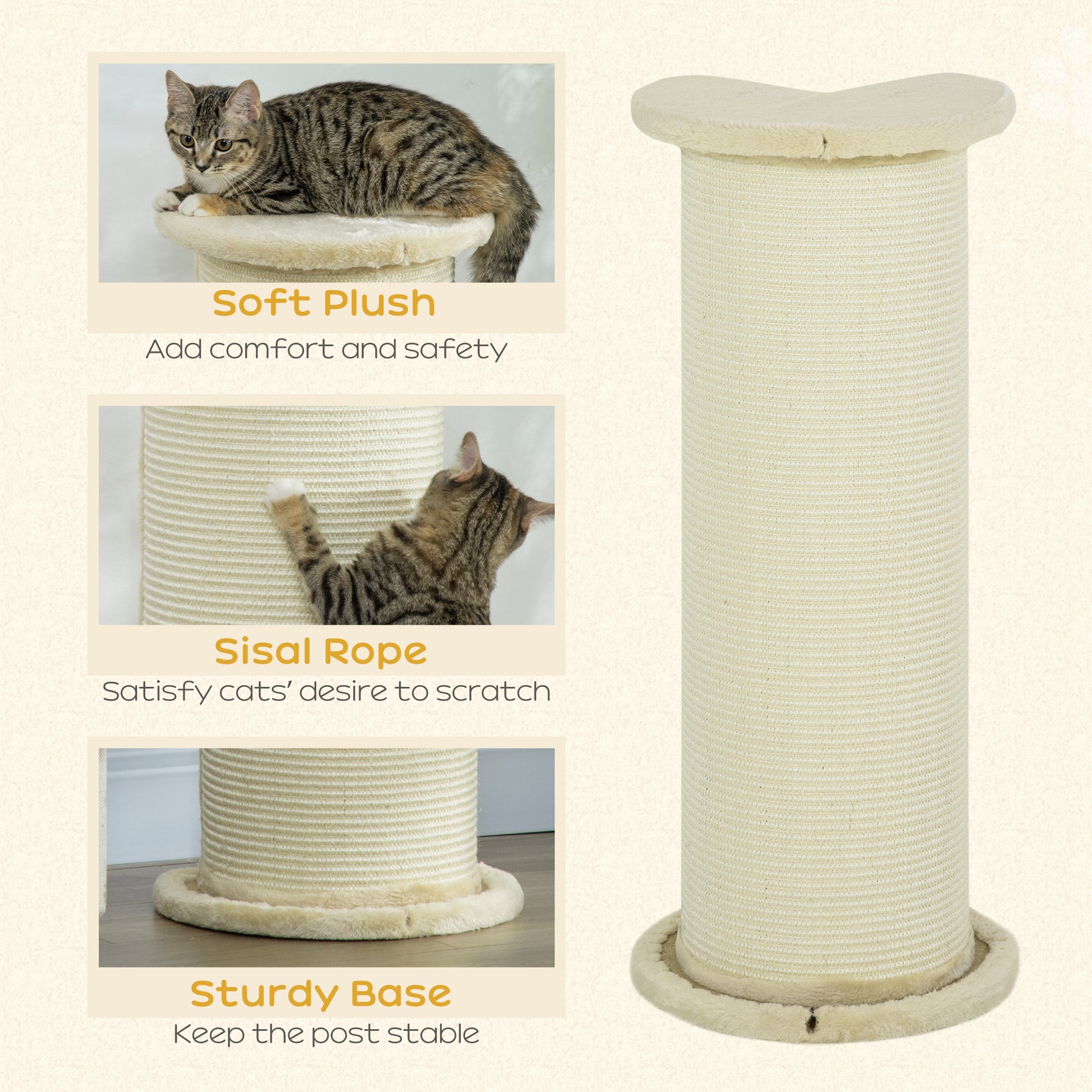 PawHut 85cm Tall Cat Scratching Post with Sisal Rope Covered Soft Plush, Anti Tip for Indoor Corner, Cabinet Corner, Sofa Corner - Beige