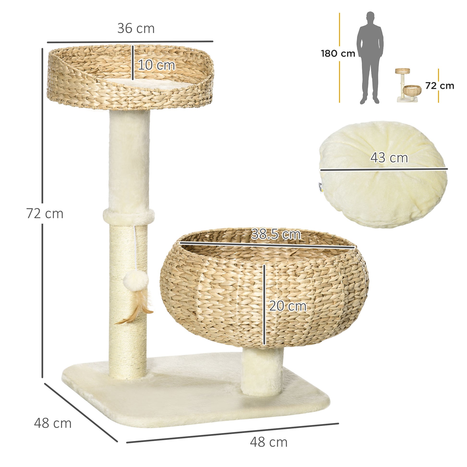 PawHut 72cm Cat Tree, Kitty Activity Center, Cat Climbing Toy, Cat Tower with 2 Cattail Beds Ball Toy Sisal Scratching Post, Beige