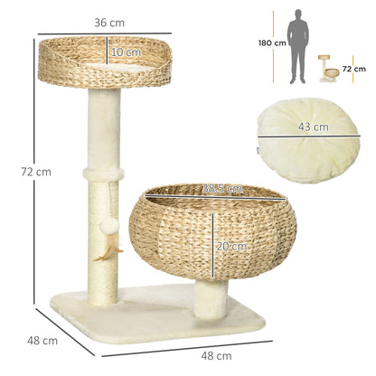 PawHut 72cm Cat Tree, Kitty Activity Center, Cat Climbing Toy, Cat Tower with 2 Cattail Beds Ball Toy Sisal Scratching Post, Beige