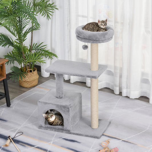 PawHut Cats Sisal Rope 3-Tier Scratching Tree Grey