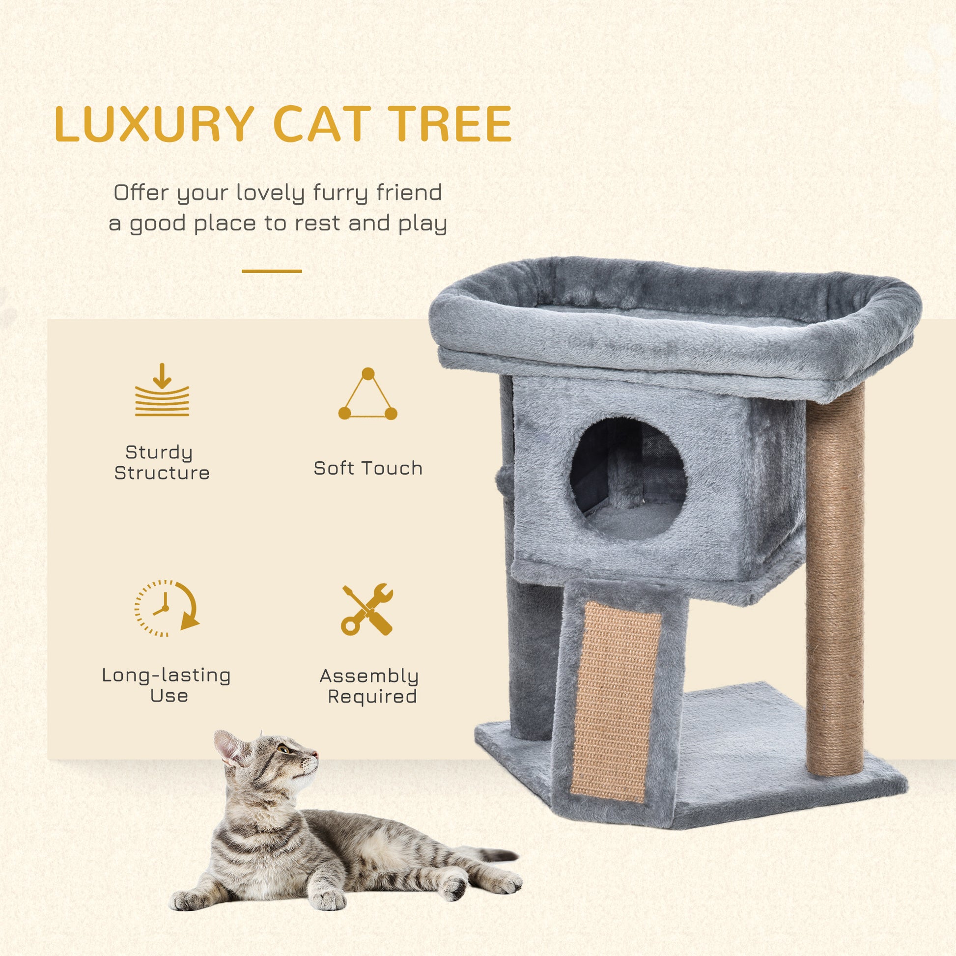 PawHut Cat Tree Tower for Indoor Cats Climbing Activity Center Kitten Furniture with Jute Scratching Pad Ball Toy Condo Perch Bed 40 x 40 x 57cm Grey