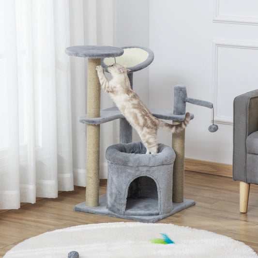 PawHut Cat Tree Tower Kitten Activity Center Scratching Post with Condo Bed Scratcher Perch Ball Toy Grey