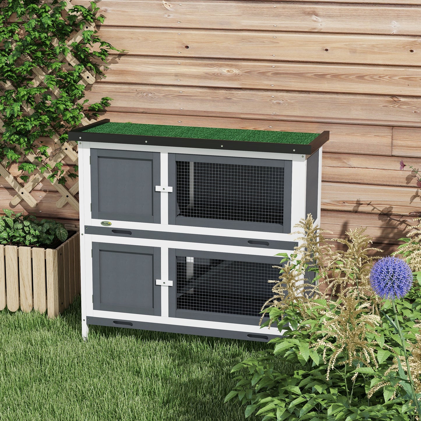 PawHut Double Decker Rabbit Hutch 2 Tier Guinea Pig House Pet Cage Outdoor with Sliding-out Tray, 100x47x91cm, Grey