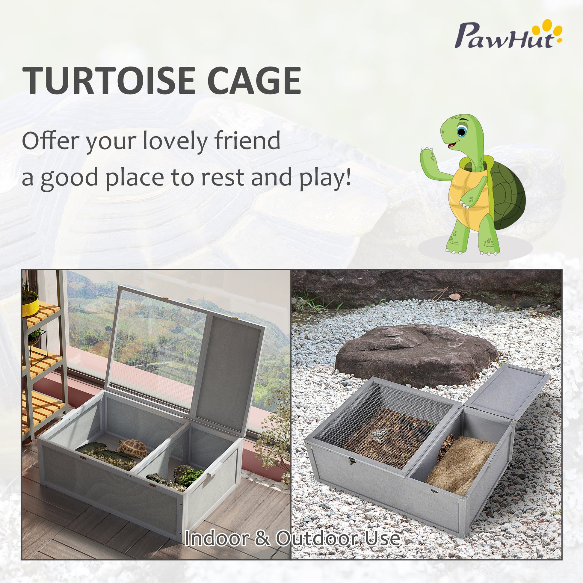 PawHut 94 cm Wooden Tortoise House Turtle Habitat Small Reptile Cage Enclosure with Two Room Grey