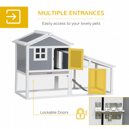 PawHut Wooden Rabbit Hutch, 2 Tier Guinea Pig Cage, Bunny Run, Small Animal House for Indoor Outdoor with Sunlight Panel Roof Slide-out Tray, Grey