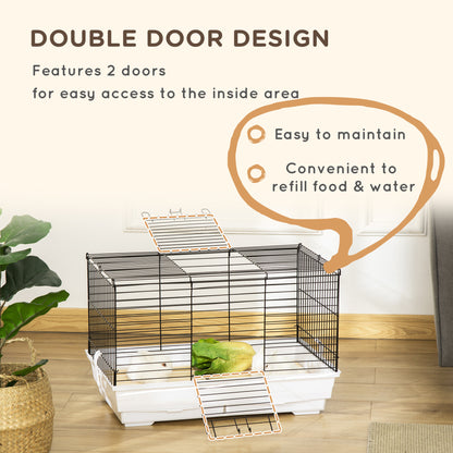 PawHut Indoor Small Animal Cage with Wood Floor, Bunny Guinea Pig House with Removable Tray, 61.5 x 38 x 40 cm, White