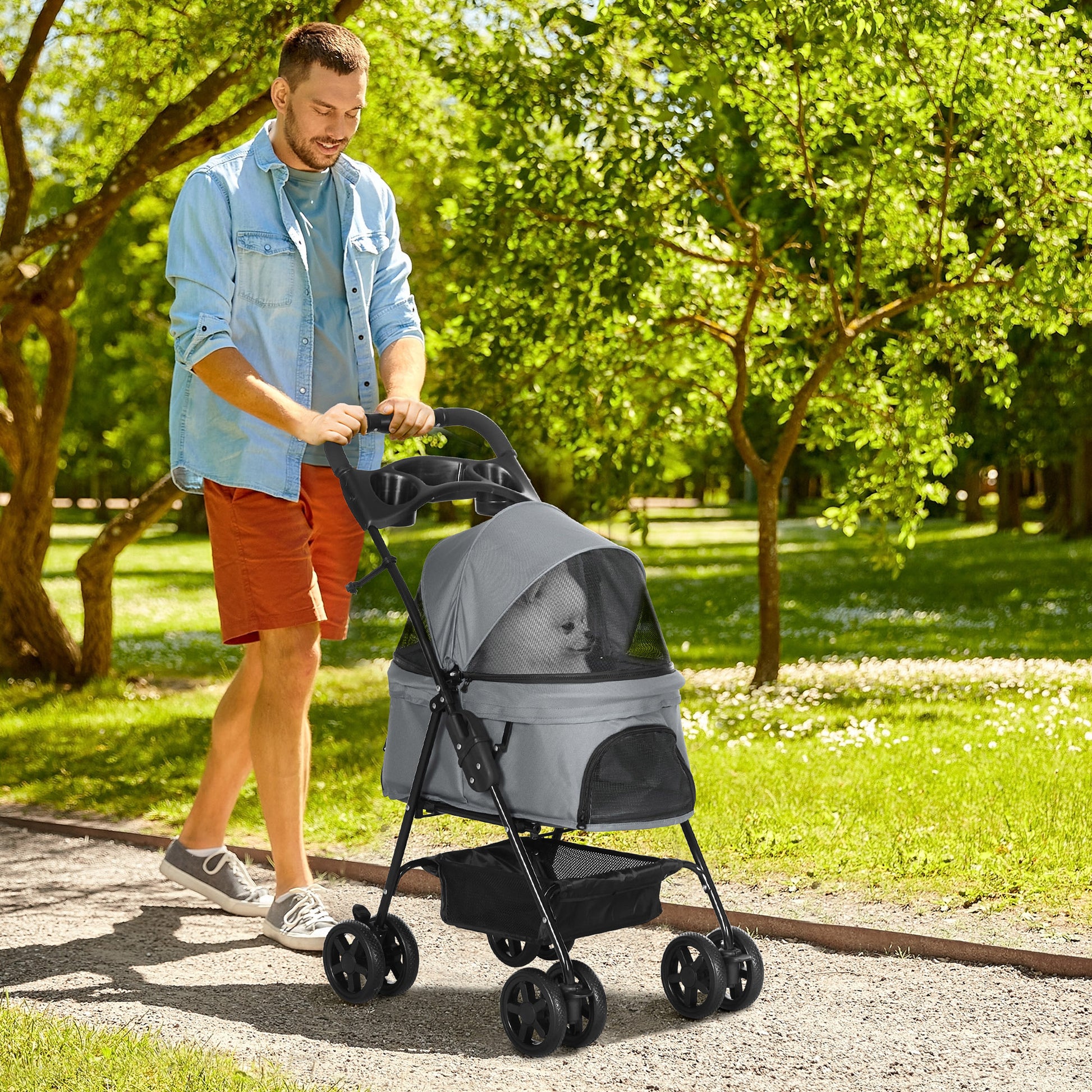 PawHut No-Zip Pet Stroller Dog Cat Travel Pushchair One-Click Fold Trolley Jogger with EVA Wheels Brake Basket Adjustable Canopy Safety Leash Grey