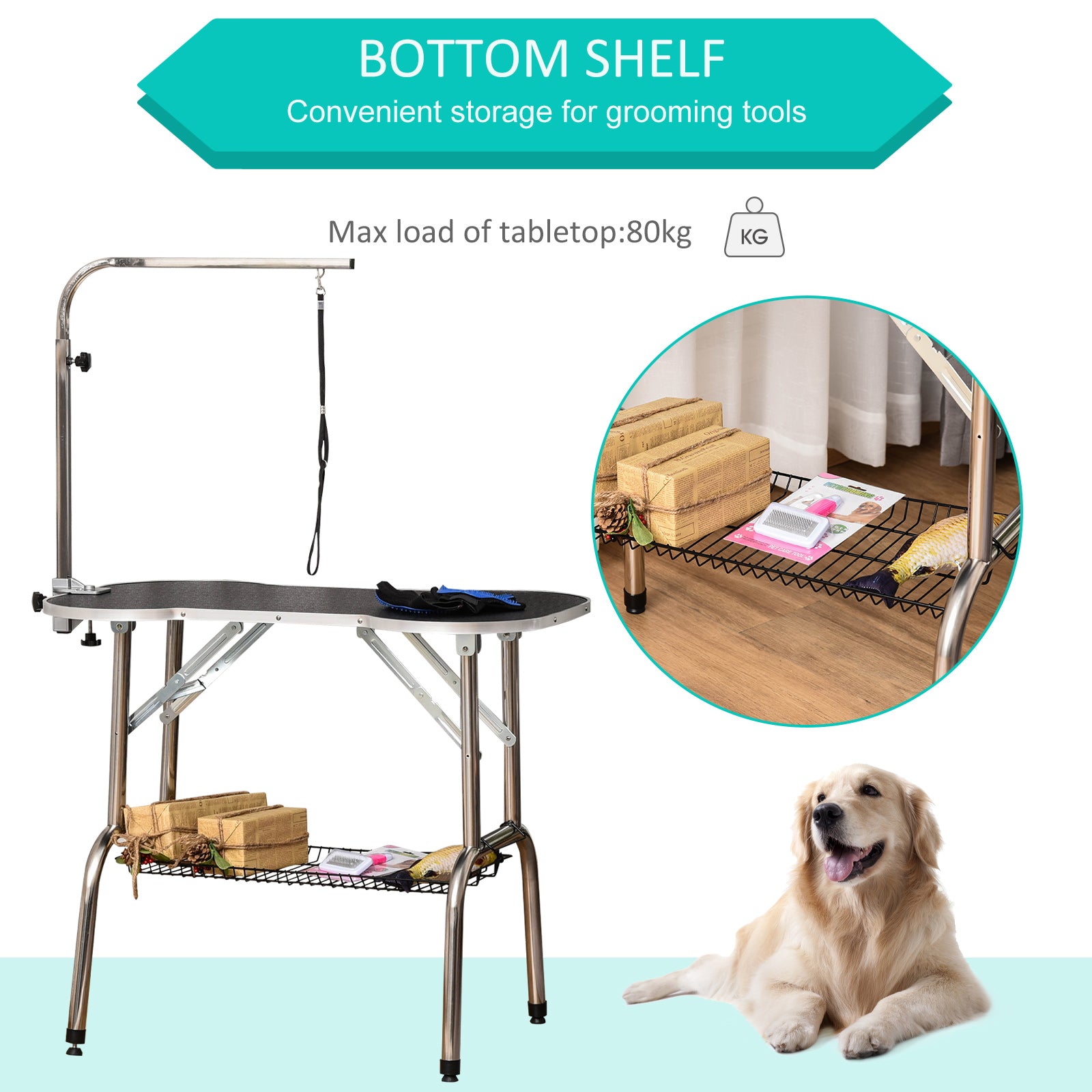 PawHut Foldable Pet Grooming Table Dog Drying Table with Adjustable Arm Non-Slip Rubber Tabletop Aluminium Alloy Edge Stainless Steel Bar Sling Black