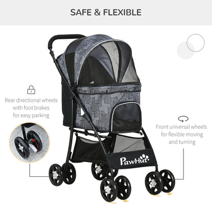 PawHut Pet Stroller Dog Pushchair Cat Travel Carriage Foldable Carrying Bag w/ Universal Wheels, Brake Canopy for XS & S Sized Pets, Grey