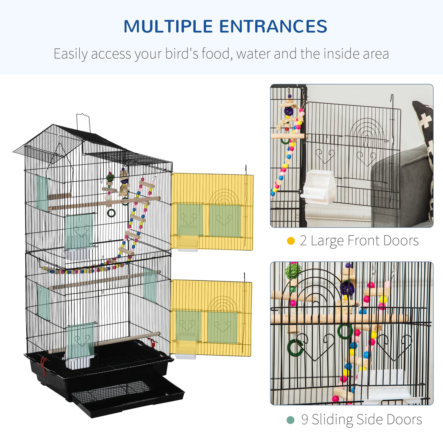 PawHut Bird Cage for Budgies Finches Canaries with Accessories, Toys, Tray, Handle, 46 x 36 x 100 cm, Black