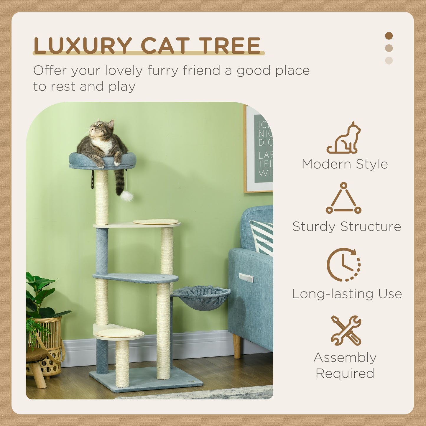 PawHut 118.5cm Cat Tree for Indoor Cats, Cat Tower with Scratching Posts, Mats, Hammock, Cat Bed, Ball Toy, Grey Blue