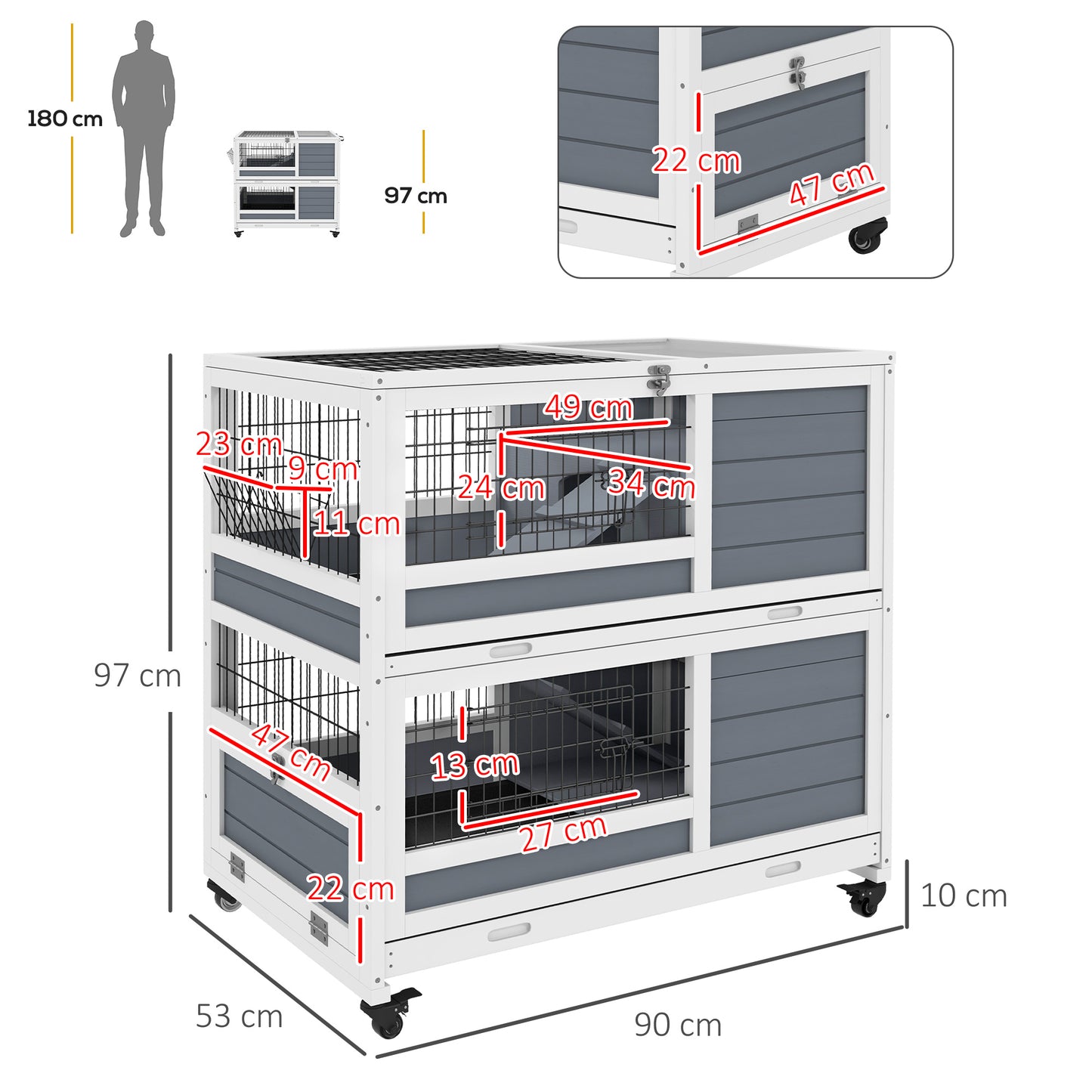 PawHut Double Deckers Guinea Pig Cage Rabbit Hutch Indoor with Feeding Trough, Trays, Ramps, Openable Top - Grey