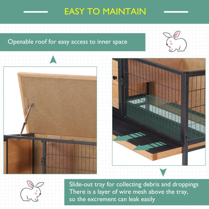 PawHut Wooden Guinea Pigs Hutches Elevated Pet House Bunny Cage with Slide-Out Tray Lockable Door Outdoor Openable Roof 91.5 x 45 x 70cm Natural Wood