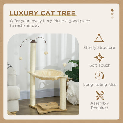 PawHut Cat Tree for Indoor Cats Kitten Play Tower with Sisal Scratching Posts Hammock Ball Toy, Beige, 53.5x53.5x90 cm