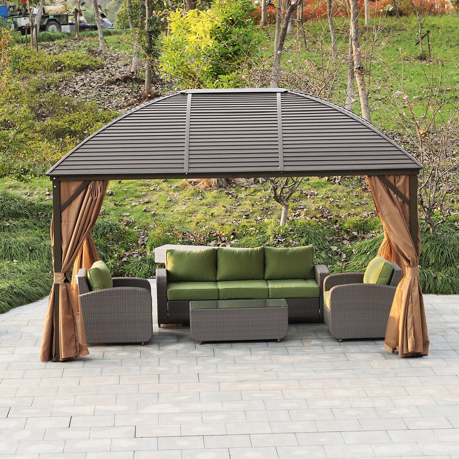 outsunny-4-x-3m-patio-aluminium-gazebo-hardtop-metal-roof-canopy-party-tent-garden-outdoor-shelter-with-mesh-curtains-side-walls-brown