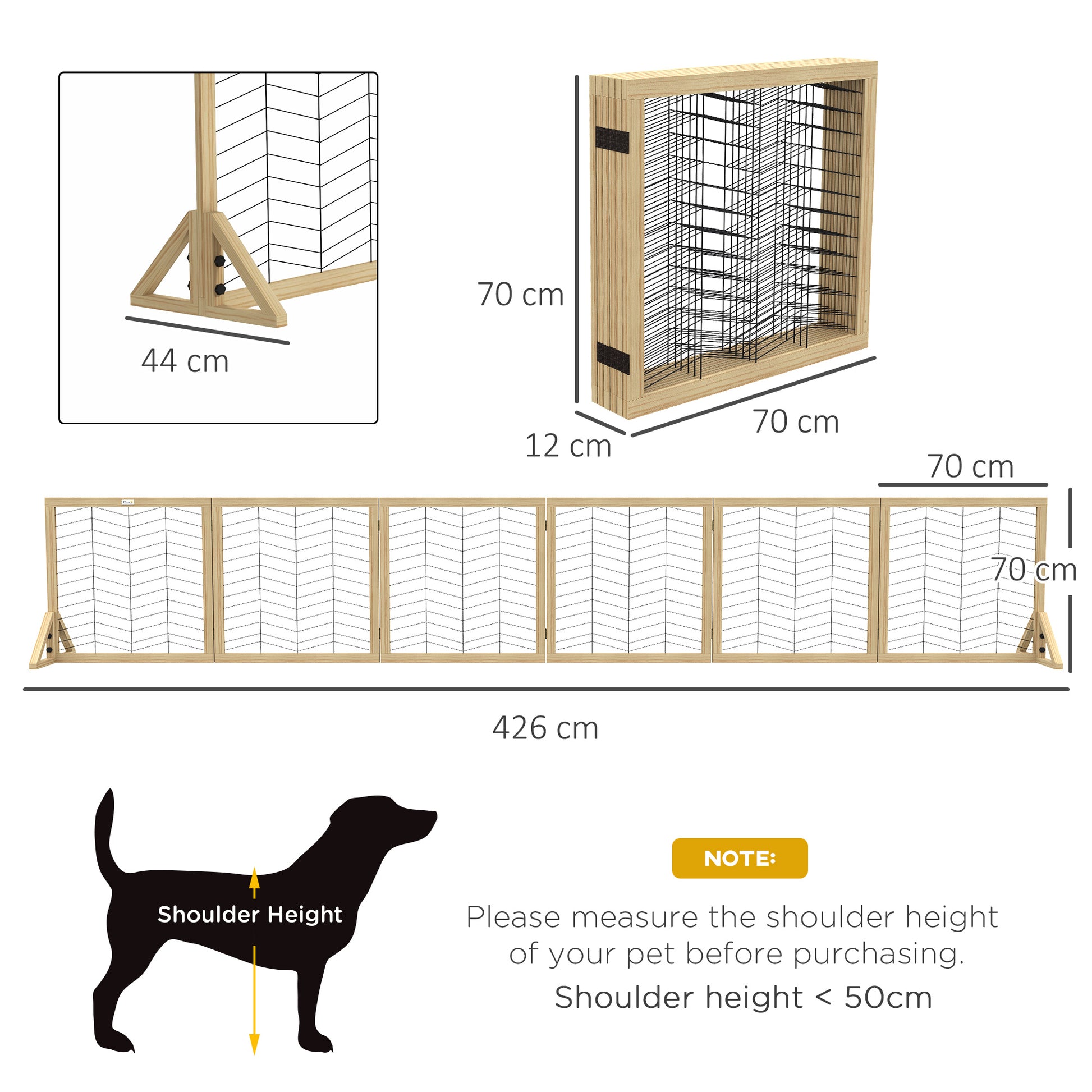 PawHut 6 Panels Pet Gate, Wooden Foldable Dog Barrier w 2PCS Support Feet, for Small Medium Dogs - Natural Wood Finish