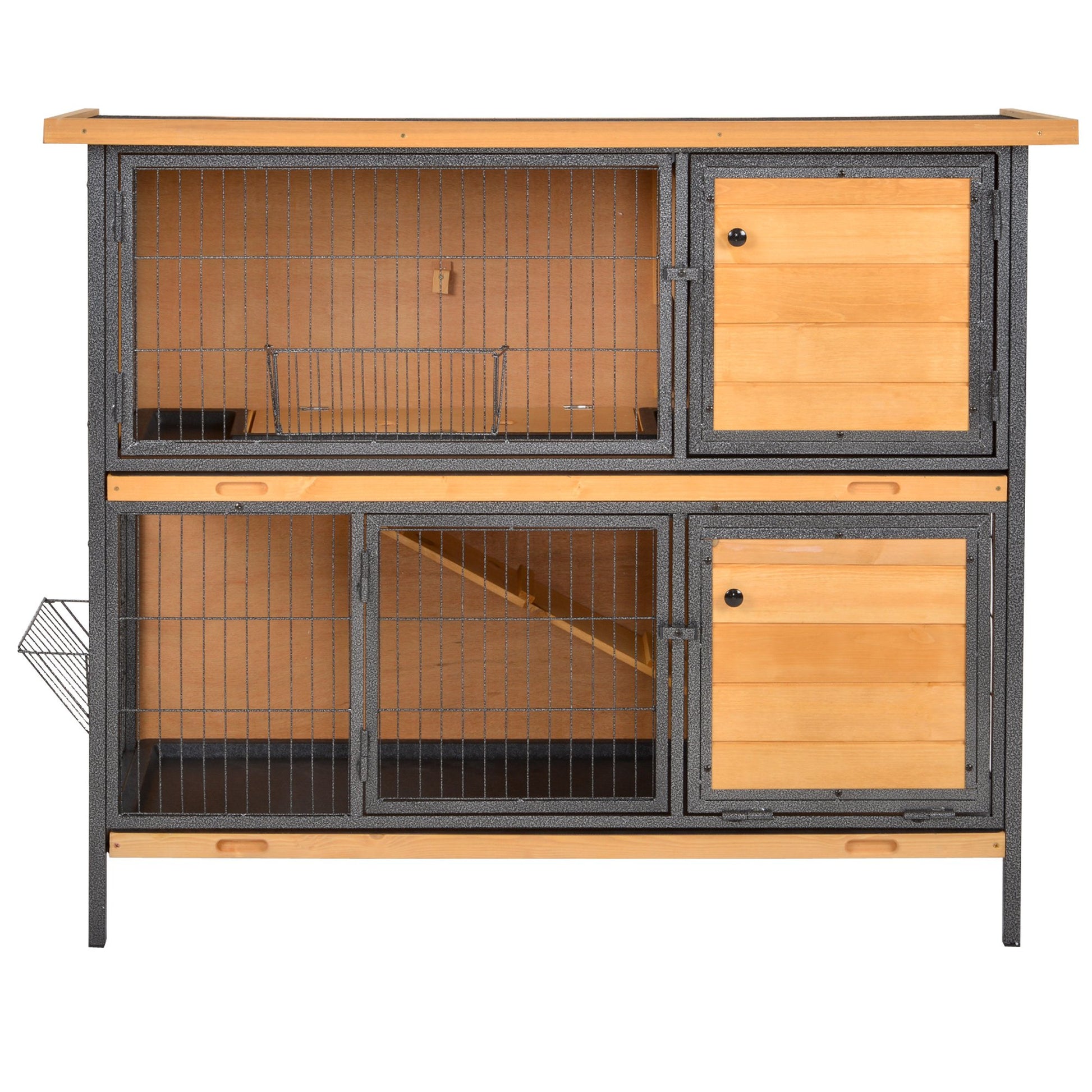 PawHut 2-Floor Wooden Guinea Pigs Hutches Bunny Cage Metal Frame Pet House with Slide-Out Tray Feeding Trough Ramp Lockable Door Openable Roof