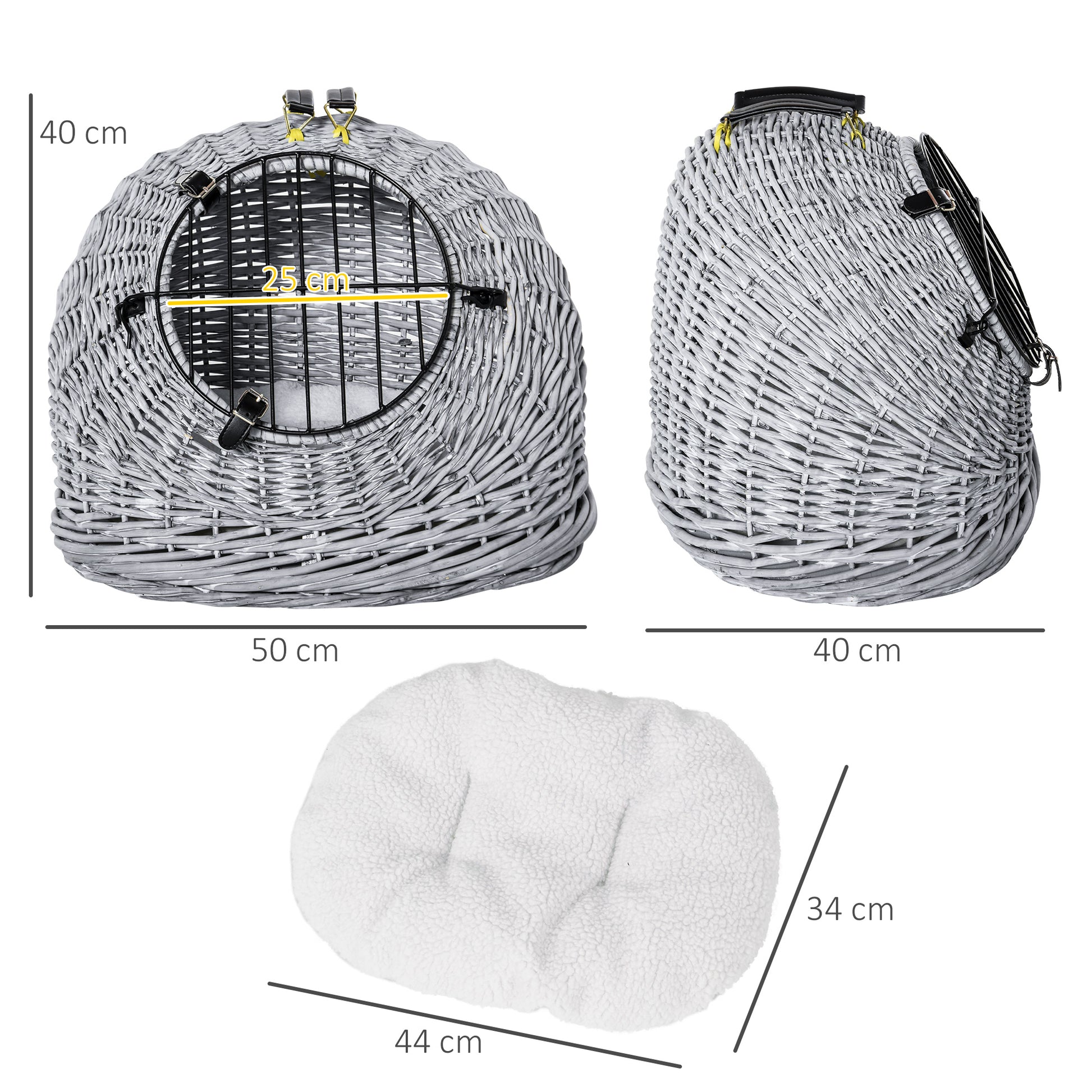 PawHut Cats Wicker Travel Carrier Basket w/ Plush Cushion Grey