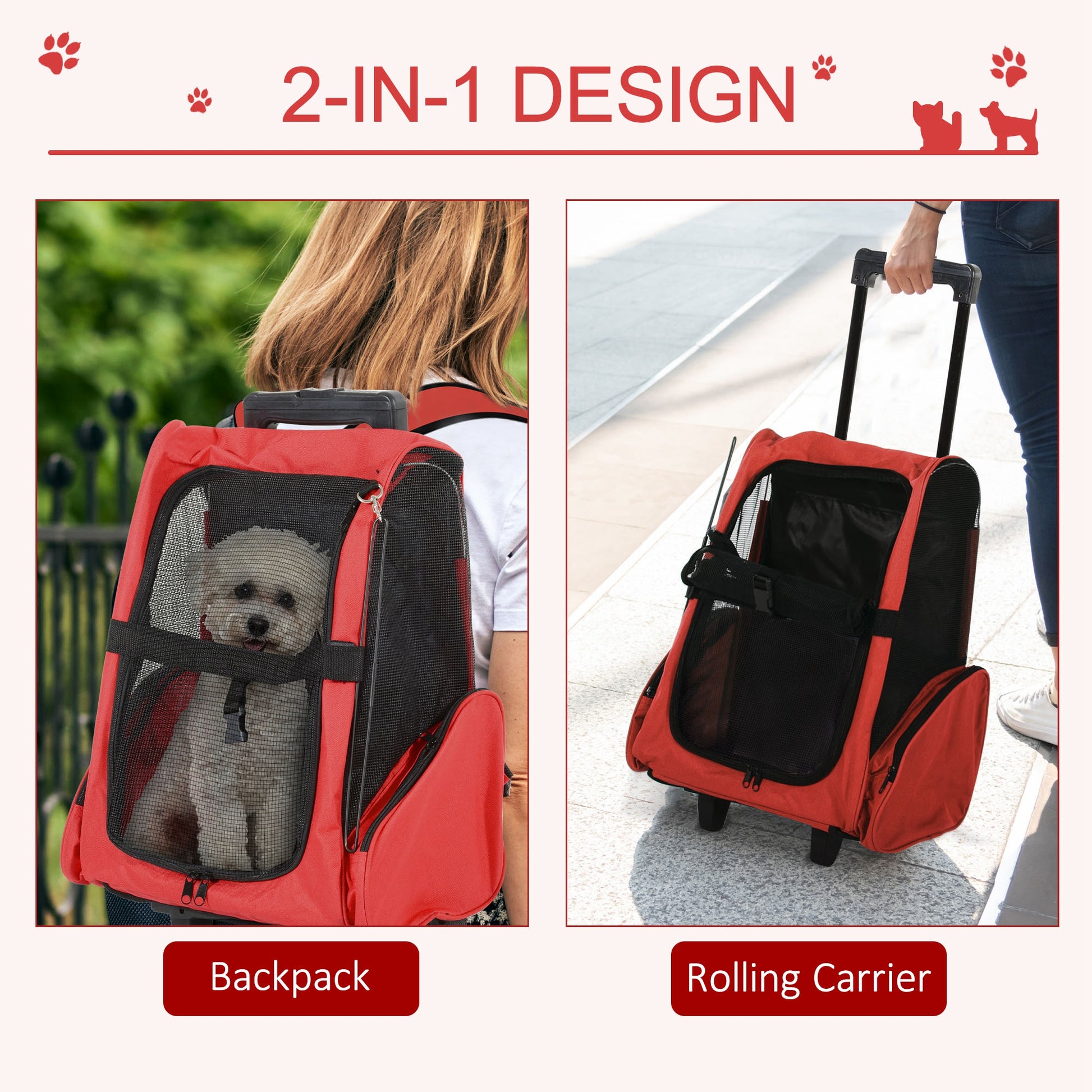 PawHut Dog Carrier Bag Travel Backpack Bag Cat Carrier Dog Bag w/ Trolley and Telescopic Handle, 42 x 25 x 55 cm, Red