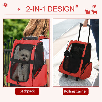 PawHut Dog Carrier Bag Travel Backpack Bag Cat Carrier Dog Bag w/ Trolley and Telescopic Handle, 42 x 25 x 55 cm, Red