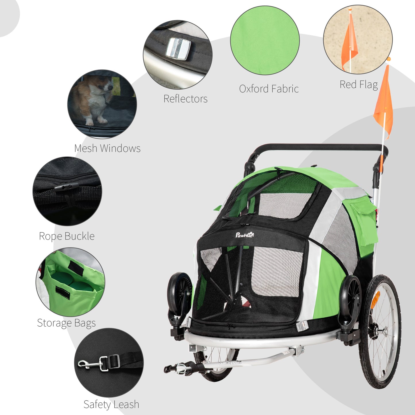 PawHut Dog Bike Trailer 2-in-1 Pet Stroller for Large Dogs Cart Foldable Bicycle Carrier Aluminium Frame with Safety Leash Hitch Coupler Flag Green