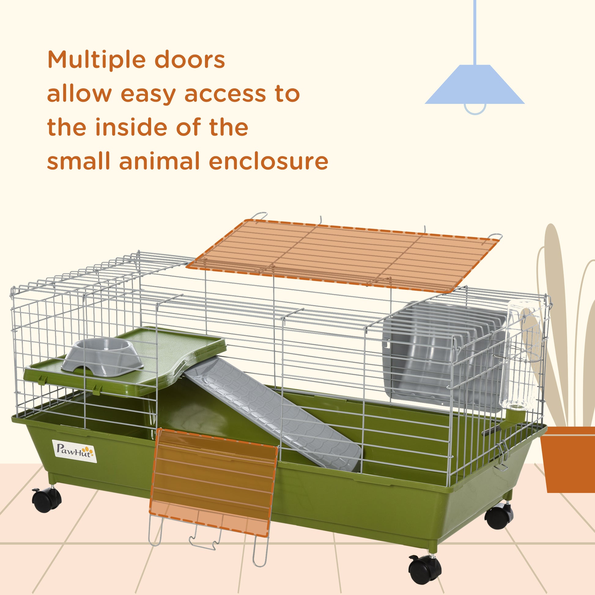 PawHut 35" Small Animal Cage Chinchilla Guinea Pig Hutch Ferret Pet House with Platform Ramp, Food Dish, Wheels, & Water Bottle