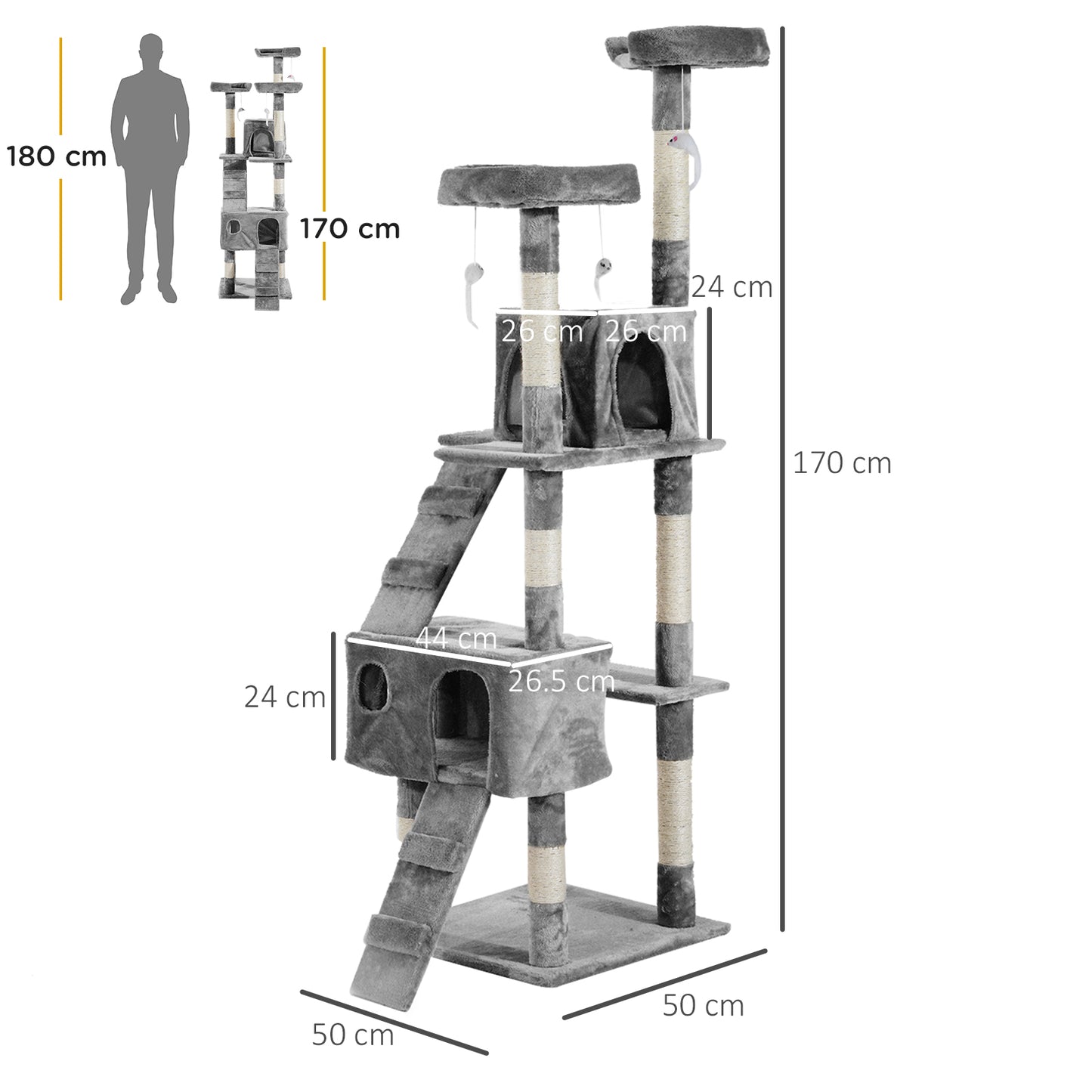 PawHut Cat Tree for Indoor Cats Kitten Kitty Scratching Scratcher Post Climbing Tower Activity Centre House Grey