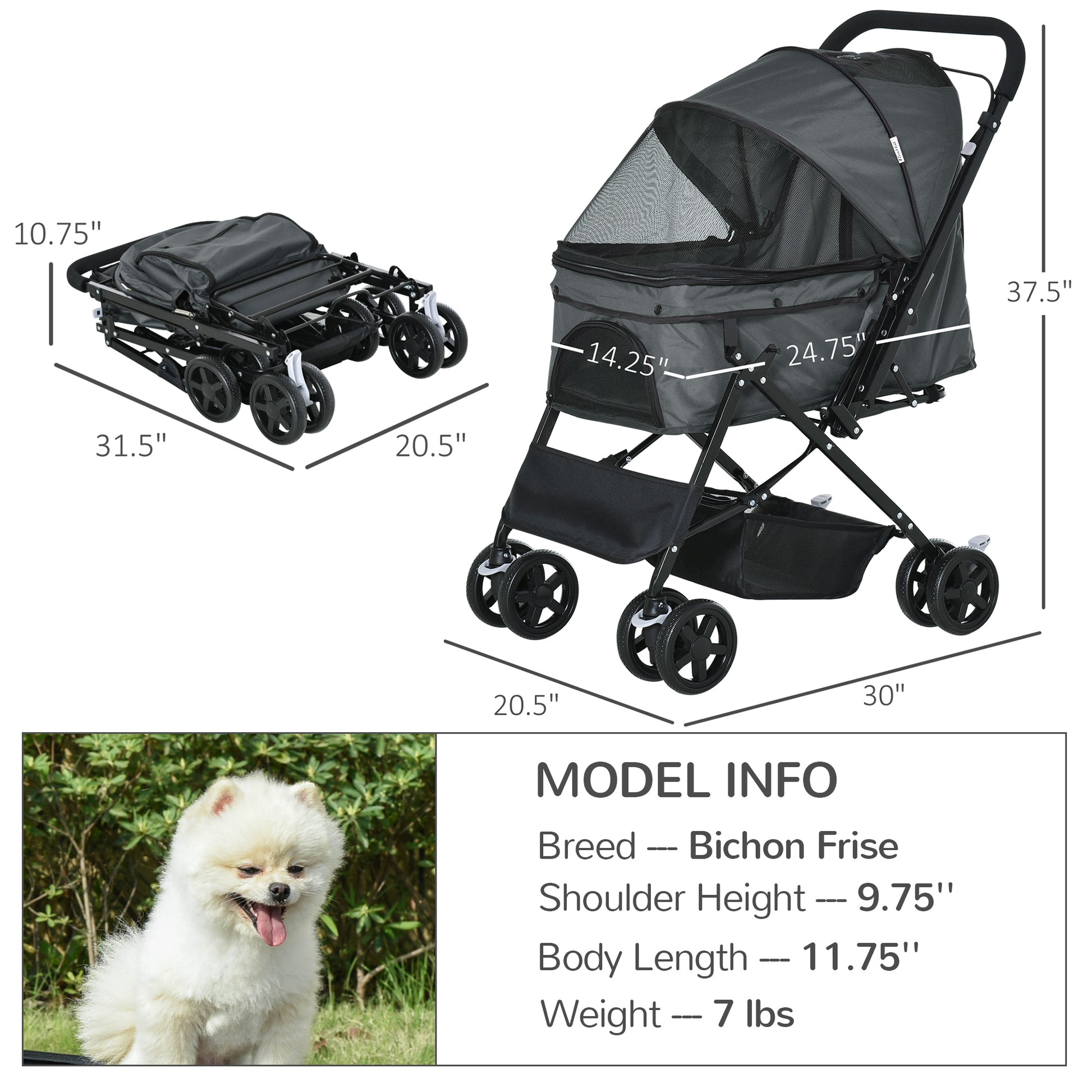 PawHut Pet Stroller Dog Pushchair Foldable Jogger with Reversible Handle EVA Wheel Brake Basket Adjustable Canopy Safety Leash Grey