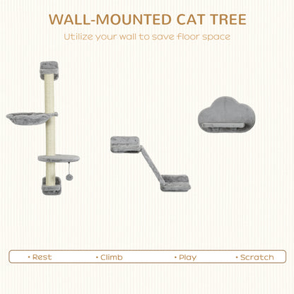 PawHut 3 Pcs Wall Mounted Cat Shelves, w/ Hammock, Jumping Platform, Ladder, Scratching Post, Cat Wall Furniture w/ Play Ball for Large Cats, Grey