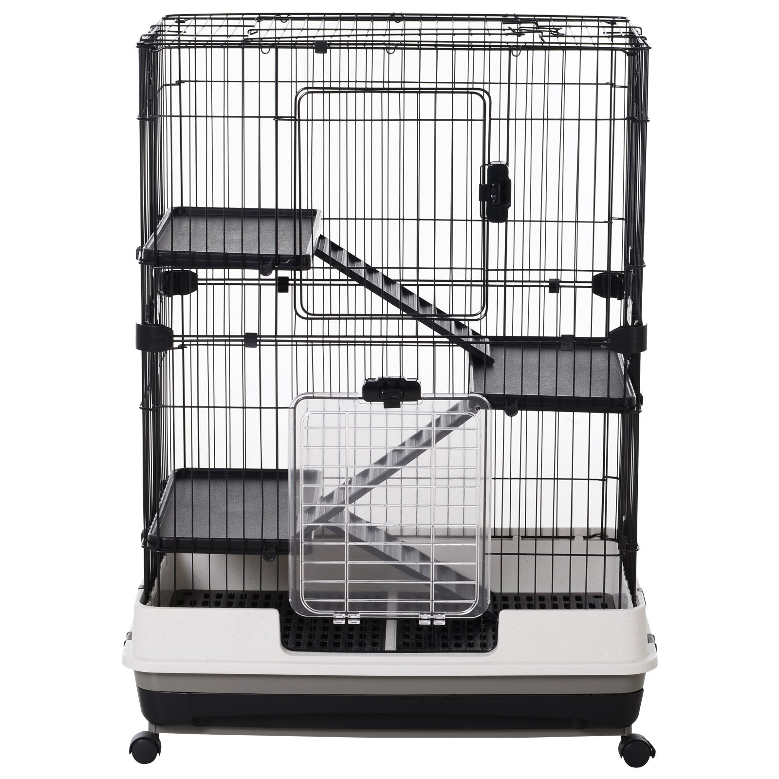 PawHut Small Guinea Pigs Hutches Hutch Pet Play House with Platform, Ramp, Removable Tray for Rabbits, Guinea Pigs, Chinchillas Black and White