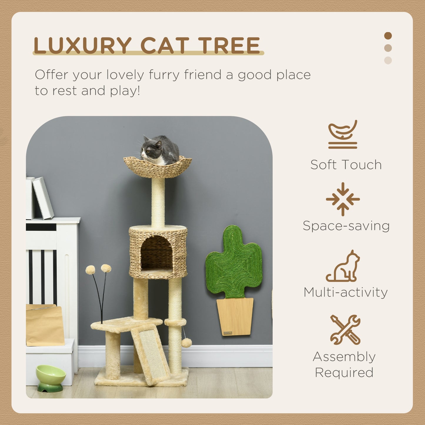 PawHut Cat Tree Tower with Scratching Post, Cat House, Bed, Toy Ball, Platform - Beige